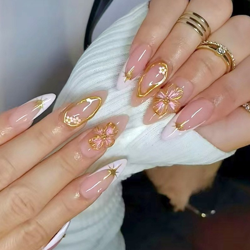 BTF 24 Chiếc Bấm Móng Tay Với 3D Hoa Hạnh Nhân Giả Móng Tay Dính Trên Móng Tay Full Cover Móng Tay G