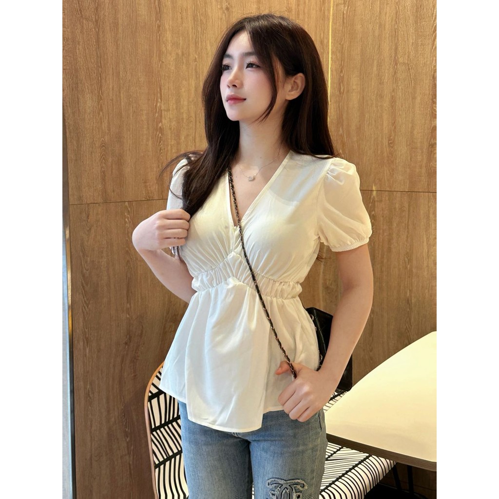 MS086 Áo sơ mi nữ kiểu babydoll bo chun thân cộc tay dễ thương chất thô mềm mát thấm hút mồ hôi | BigBuy360 - bigbuy360.vn