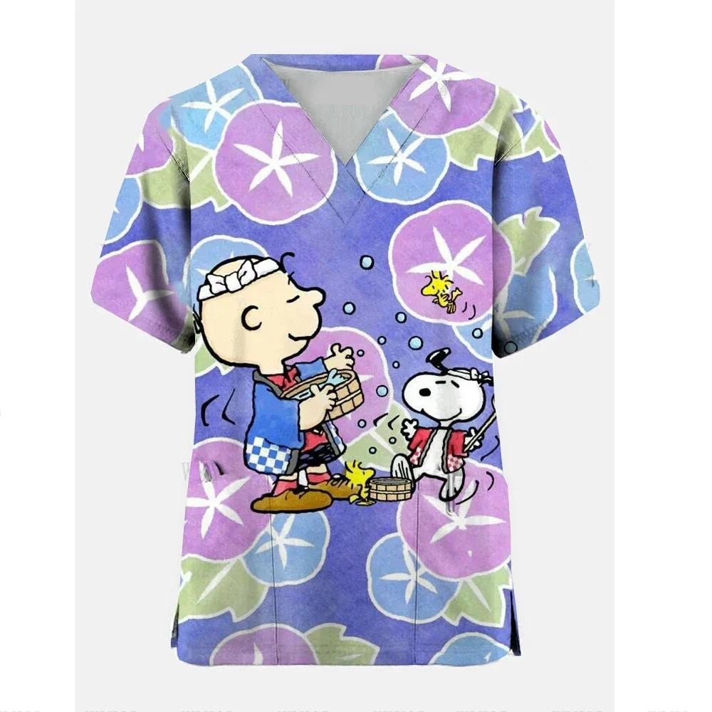 Áo Thun Snoopy Mùa Hè Nữ Hoạt Hình Chó Snoopy Áo Sơ Mi Áo Bỏ Túi Người Phụ Nữ Y Tá Đồng Phục Quần Áo