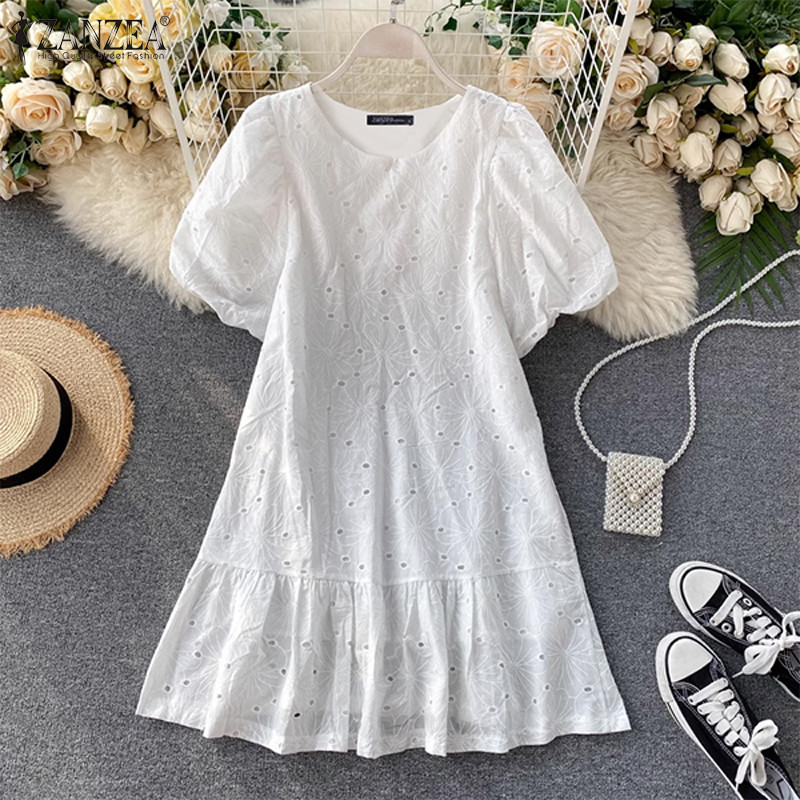 Zanzea Nữ Hàn Quốc Cổ Tròn Puff Tay Ngắn Ren Chữ A | BigBuy360 - bigbuy360.vn