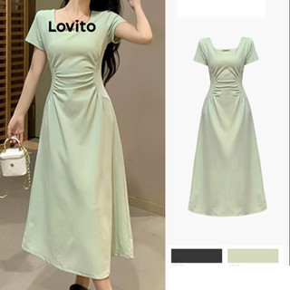 Đầm Lovito xếp ly phối kim loại họa tiết chữ phong cách thường ngày cho nữ LNE49211