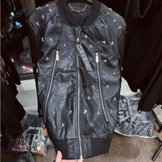 Áo Khoác Da Đính Ngôi Sao Sắt Kín Thân ❤ Áo Bomber Da Dày Dặn Dáng Rộng Nam Nữ
