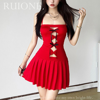 Ruione 2024 Phong Cách Châu Âu Mỹ Mới Nữ Màu Trơn Ôm Vừa Vặn Cao Cấp Thời Trang Một Từ Cổ Treo Váy Cổ