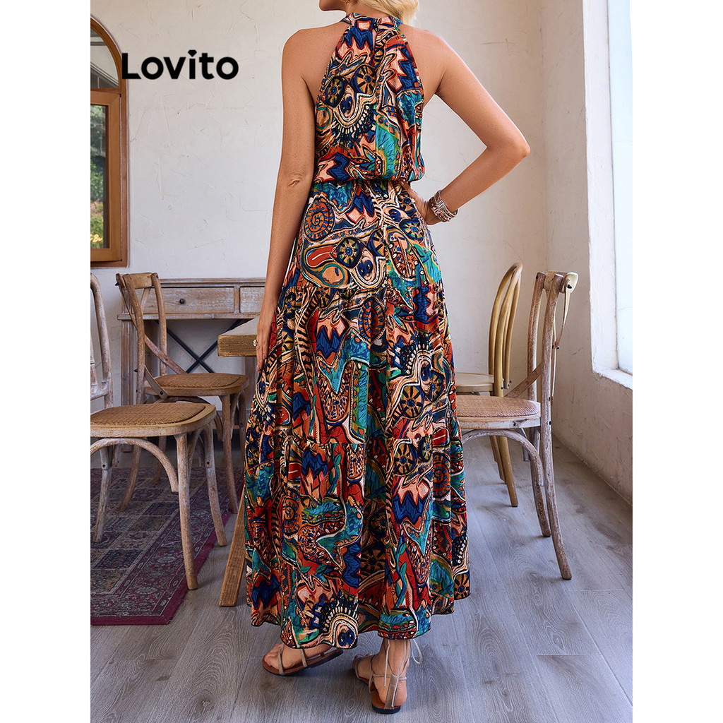 Đầm Boho Đầm Đeo Vai Lạnh Thắt Lưng In Hình Bộ Lạc Cho Nữ LBL15435