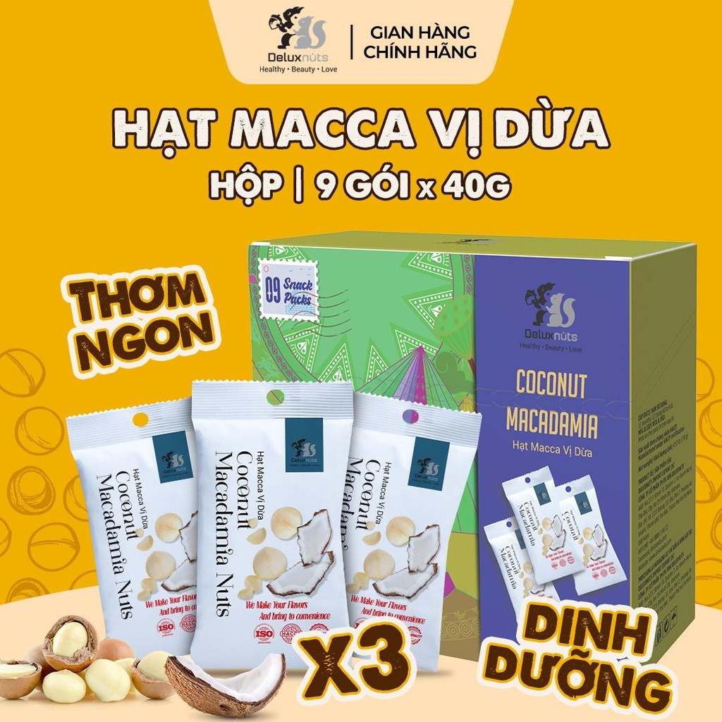 [Hỏa tốc] Hộp 9 Gói Maccadamia Vị Dừa 360g Deluxnuts | Hạt Dinh Dưỡng, Snack Ăn Vặt (Tổng Trọng Lượng 360g)