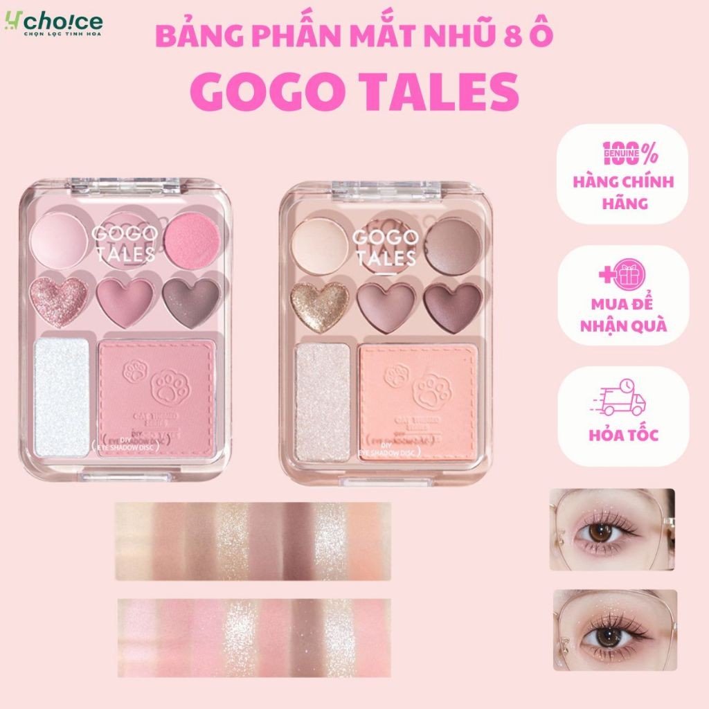 Bảng phấn mắt nhũ Gogo Tales 8 ô hình trái tim có nhũ highlight, Bảng mắt Gogo tales 3in1 kèm má hồng.