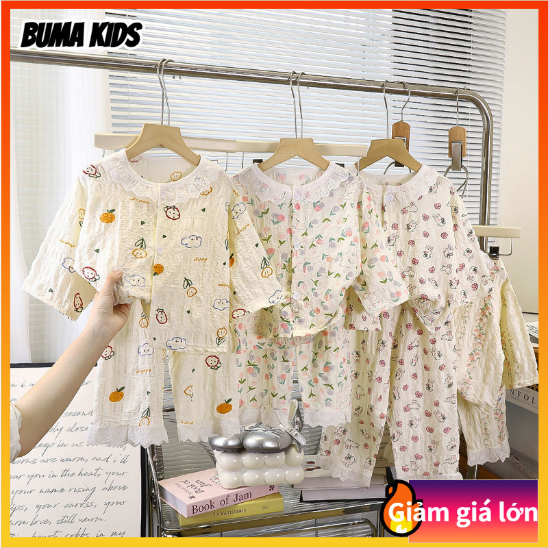 BUMA KIDS🔥Bộ đồ ngủ cotton dài tay mỏng cho bé gái, in họa tiết dễ thương