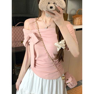 ‌‌Áo trễ vai ren mùa hè dành cho nữ có thắt nơ chi tiết Slim Fit Áo ngắn tay