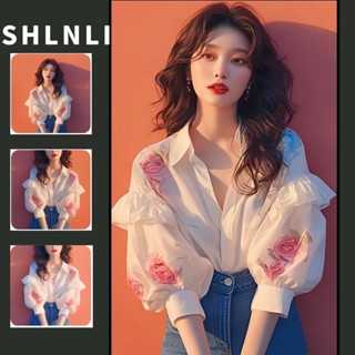 Mùa Xuân Thu Nữ Phong Cách Hàn Quốc Áo Sơ Mi Trắng In Hoa Hồng Ruffle Edge Bong Bóng Tay Áo Top