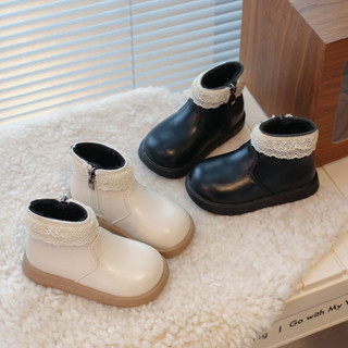 Phong Cách Hàn Quốc Ren Bé Gái Da Nhiệt Ngắn Martin Boots Màu Trơn Dây Kéo Chống Trơn Trượt Đế Mềm Giày Trẻ Em 2-6 Tuổi