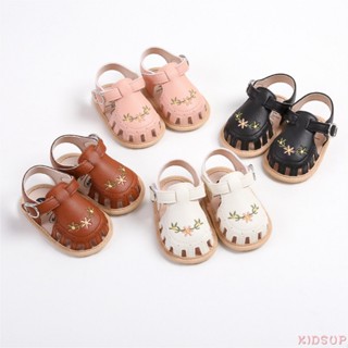 Kidsup1-áo Sandal Bé Gái Da PU Chống Trơn Trượt Thêu Hoa Mùa Hè Đế Bằng Cho Bé Giày Thường Ngày