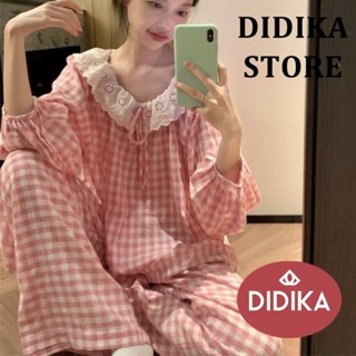 DIDIKA Mùa Xuân Thu Nữ Bộ Đồ Ngủ Ren Búp Bê Cổ Kẻ Sọc Mây Cotton Loungewear Set