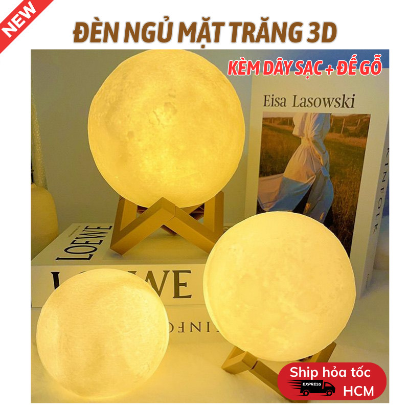 Đèn Ngủ LED 3D Hình Mặt Trăng Lily's Decor House Sạc USB Có Đế Gỗ Bền Dễ Dàng Di Chuyển Sắp Xếp