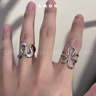 Đường kẻ không đều, hình dạng hình học, sóng kim loại, nhẫn thép titan hình hoa, nhẫn hở đầu nam nữ hợp thời trang