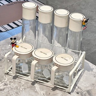 Bộ đựng gia vị nước mắm chai thủy tinh, Hũ đựng gia vị nấu ăn nắp và kệ đựng gia vị để bàn màu trắng