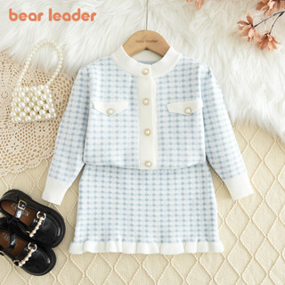 Bear Leader Phiên bản Hàn Quốc Bộ đồ dệt kim in kẻ sọc mùa đông dài tay thanh lịch Áo khoác Cardigan ngực đơn + Váy bé gái Bộ hai mảnh 3-7 tuổi Quần áo trẻ em thông thường