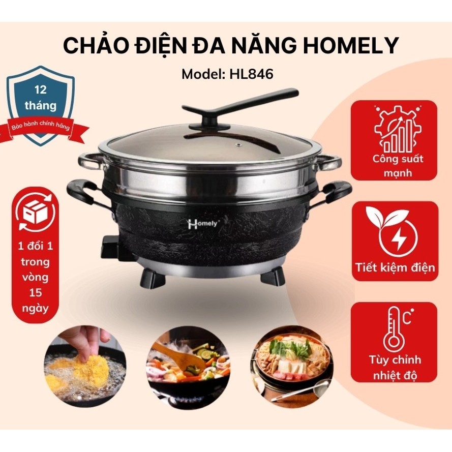 Chảo điện đa năng BESUTO THAILAN VÀ Homely HL-846 công suất 1500W, nồi nấu lẩu 3,5L tặng kèm vỉ hấp Homely Thailand