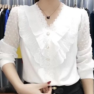 2024 Phong Cách Mùa Xuân Cổ Chữ V Ren Đáy Áo Sơ Mi Nữ Rời Ôm Hơn Nhìn Khâu Voan Tay Áo Thời Trang Đẹp Top