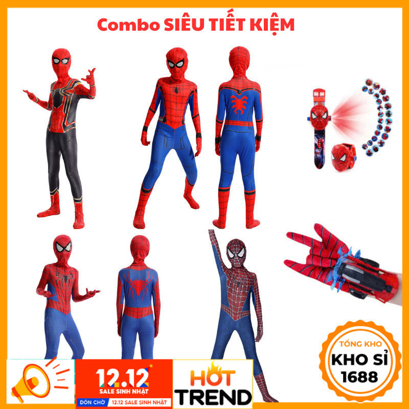 Combo bộ đồ người nhện kèm mũ, đồng hồ chiếu hình và bắn tơ nhện cho bé trai, trang phục Haloween ho