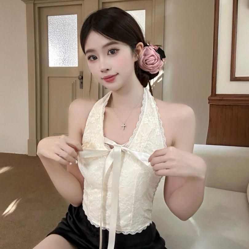 [ÁO QCCC CÓ MÚT] Áo cổ yếm ren áo kiểu cho nữ có mút hở lưng QCCC Áo thun croptop quây thắt nơ xinh xắn Áo tank top AT29 | BigBuy360 - bigbuy360.vn