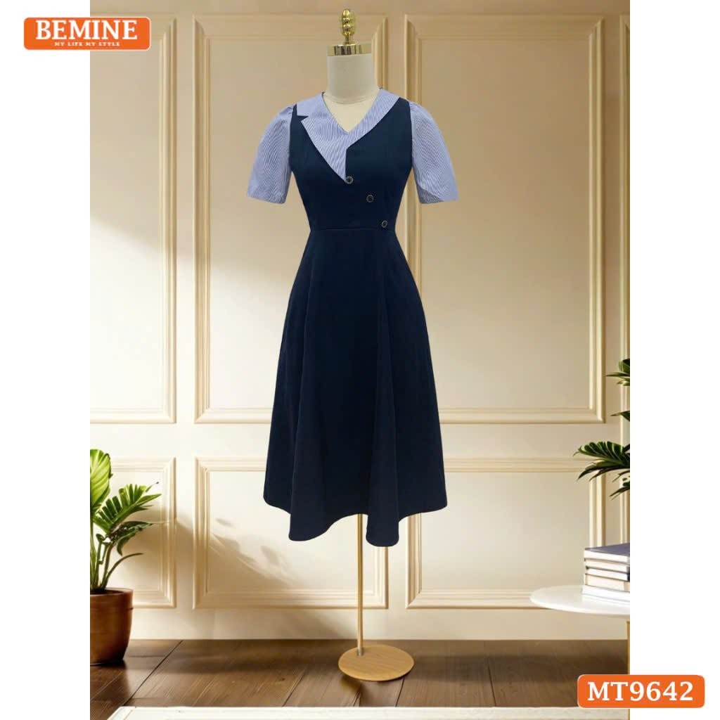 Đầm thiết kế BEMINE cổ vest phối sọc dáng chữ A phù hợp đi làm-MT9642