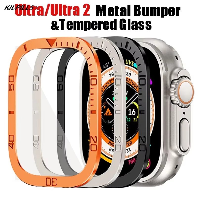 Kính Cho IWatch band Ultra 49mm Bảo Vệ Màn Hình Khung Hợp Kim Nhôm Chống Trầy Xước + Phim Cường Lực 