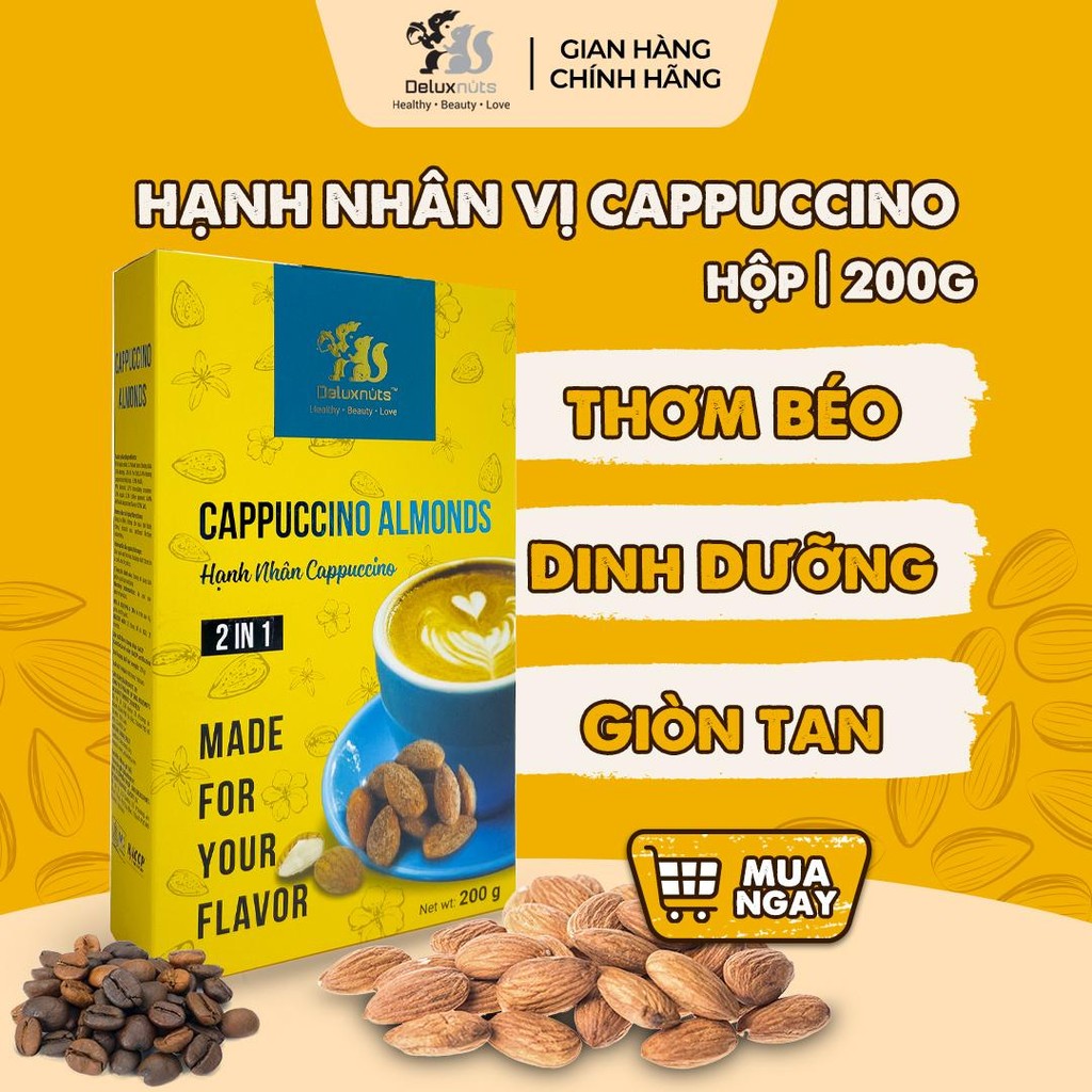 [Hỏa tốc] Hộp Quà Hạnh Nhân Vị Cappuccino 200g Deluxnuts | Hạt Dinh Dưỡng, Snack Ăn Vặt (Hộp 200g)