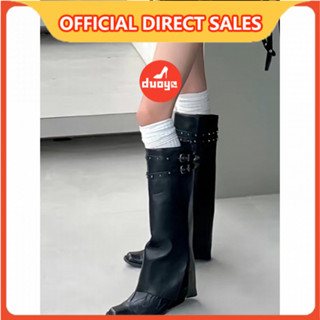 Duooya hair Thẳng ~ [Hàng Có Sẵn] Giày Bốt Cao Bồi Tây Gót Dày Cài Khóa Thêu Họa Tiết Cho Nữ