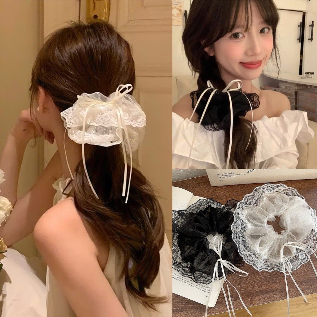 Dây Buộc Tóc Ren Đính Nơ Đen Trắng - Buộc Tóc Đuôi Ngựa Scrunchies Tiểu Thư Điệu Đà ms CV3