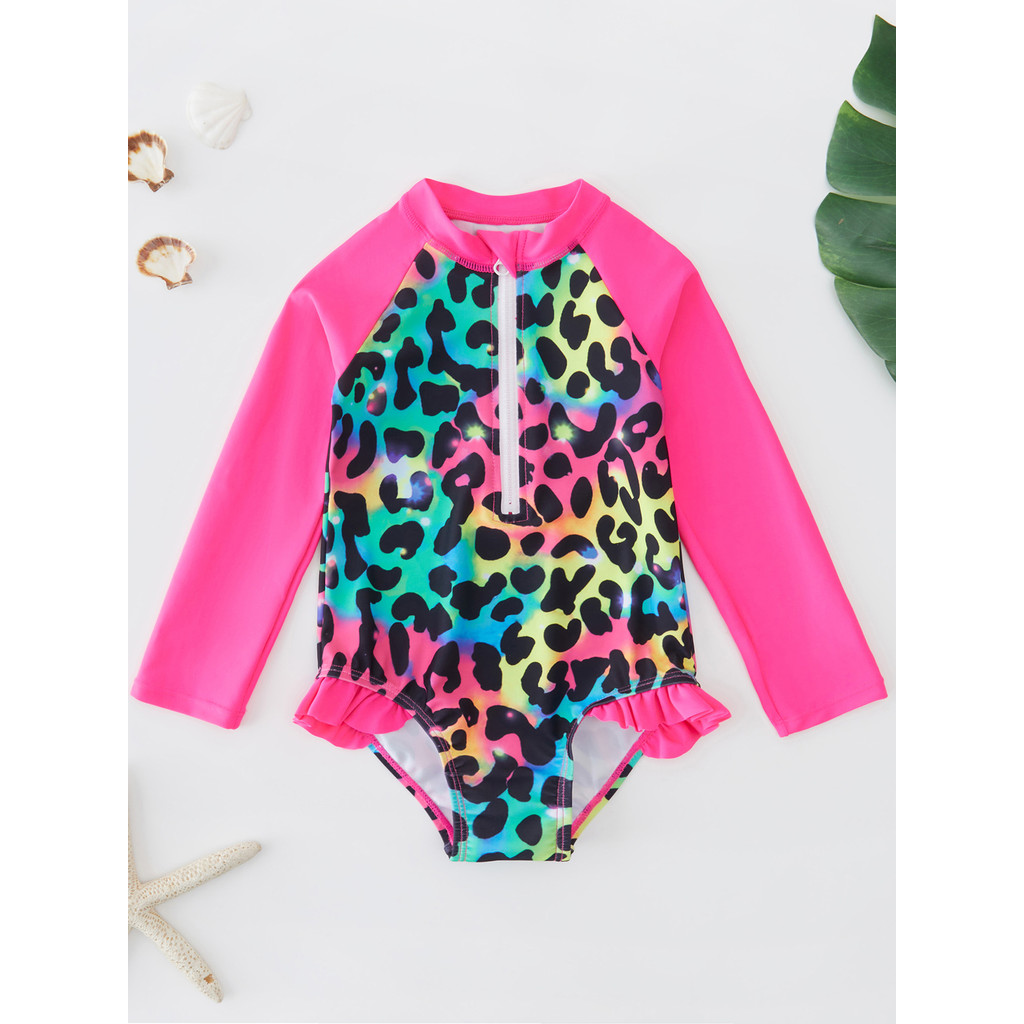 Bộ đồ bơi một mảnh thời trang dài tay cho bé gái Bộ đồ bơi in họa tiết da báo dễ thương 4-8 tuổi