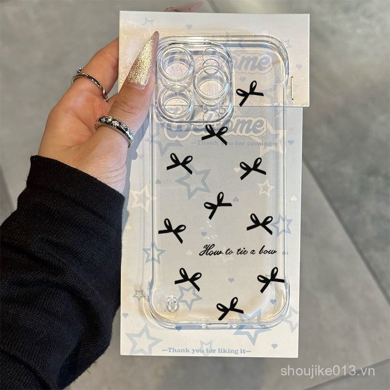 Vỏ điện thoại trong suốt thiết kế hoạt hình dễ thương không viền nơ đen phù hợp với nhiều mẫu iPhone
