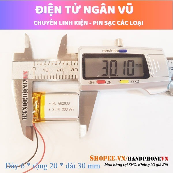 Pin Li-Po 3.7V 300mAh 602030 (Li-Polymer) cho loa Bluetooth, định vị GPS, máy ghi âm, camera hành tr