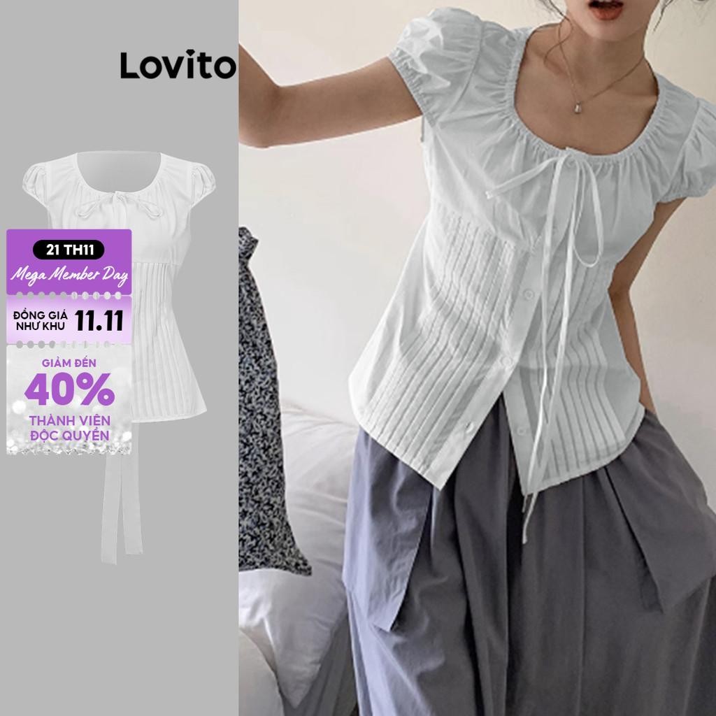 Áo kiểu Lovito xếp ly có dây buộc màu trơn phong cách thường ngày cho nữ L85AD028