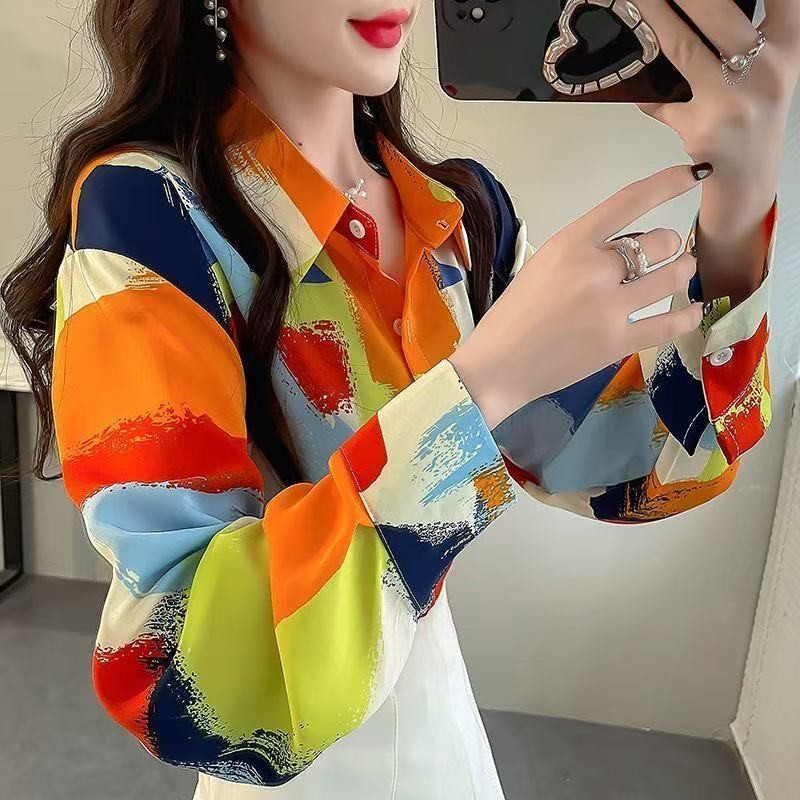 Áo Sơ Mi Hoa Tay Dài In Hình Tương Phản Áo Sơ Mi Nữ Plus Kích Thước Rời Voan Áo Sơ Mi Nữ Hoa Áo Sơ M