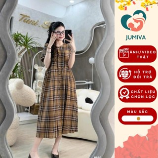  Váy bầu kẻ caro thiết kế dáng suông dài qua gối có nút cài mặc đi công sở mặc mùa hè 2025 