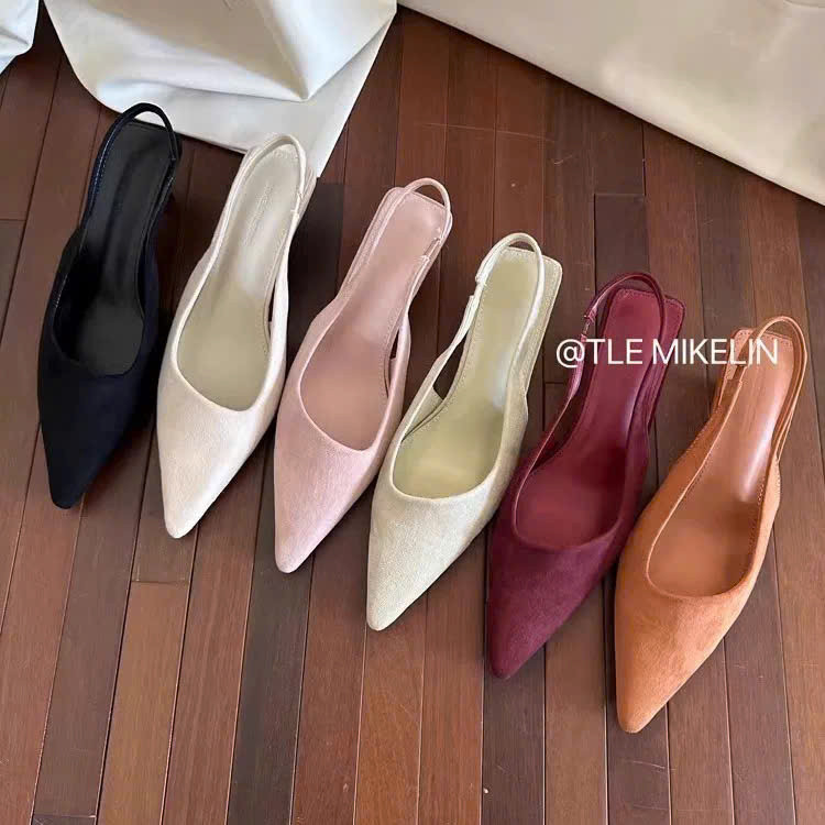 ( SẴN 37) Slingback mũi nhọn da lộn cao gót MIKELIN mẫu mới Xuân 2025