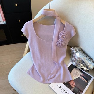 Áo thun cổ vuông màu tím với hoa 3D, cổ dây, áo len mỏng mùa hè cho phụ nữ