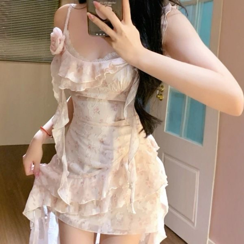 Đầm công chúa vintage 2 dây hoa nhí - Đầm tiểu thư bánh bèo phong cách cổ điển dáng xòe dài phía sau