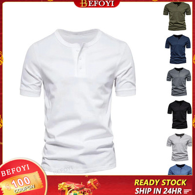 Áo sơ mi nam ngắn tay Henley kiểu Hàn Quốc Slim-Fit Casual Ins Màu trơn Cổ tròn co giãn Áo thun ZXR97