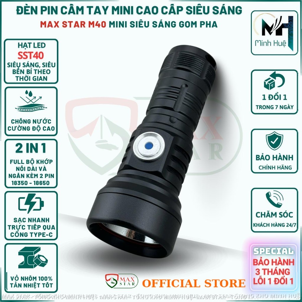 Đèn pin cầm tay mini siêu sáng gom pha MAX STAR M40 vỏ nhôm chống nước IPX7 led sst40 cao cấp