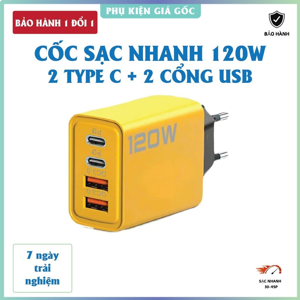 Cốc sạc nhanh 4 cổng, 120W: 2 cổng Type C + 2 cổng USB – Tặng cáp sạc nhanh 3 đầu – Củ sạc nhanh 120
