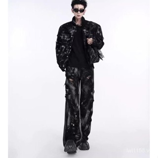 Bộ đồ áo khoác bò phong cách đất hoang cho nam Âu Mỹ đường phố graffiti giặt rách quần jean áo Jacket mẫu xuân thu cho nam