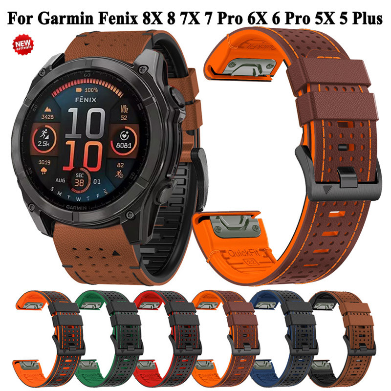 Dây đeo silicon + da cao cấp 22mm 26mm cho Garmin Fenix 8 / 7X / 7Pro / 6X / 6 Pro / 5X / Thay thế d