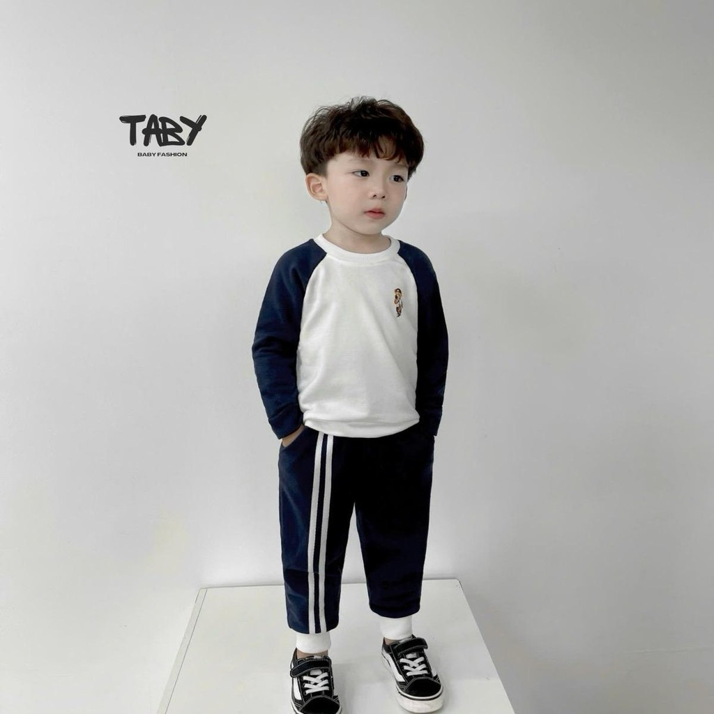 [Taby] Set bộ thể thao in hình gấu cá tính, chất liệu nỉ da cá mềm phối tay màu raglan B23339BD Cott
