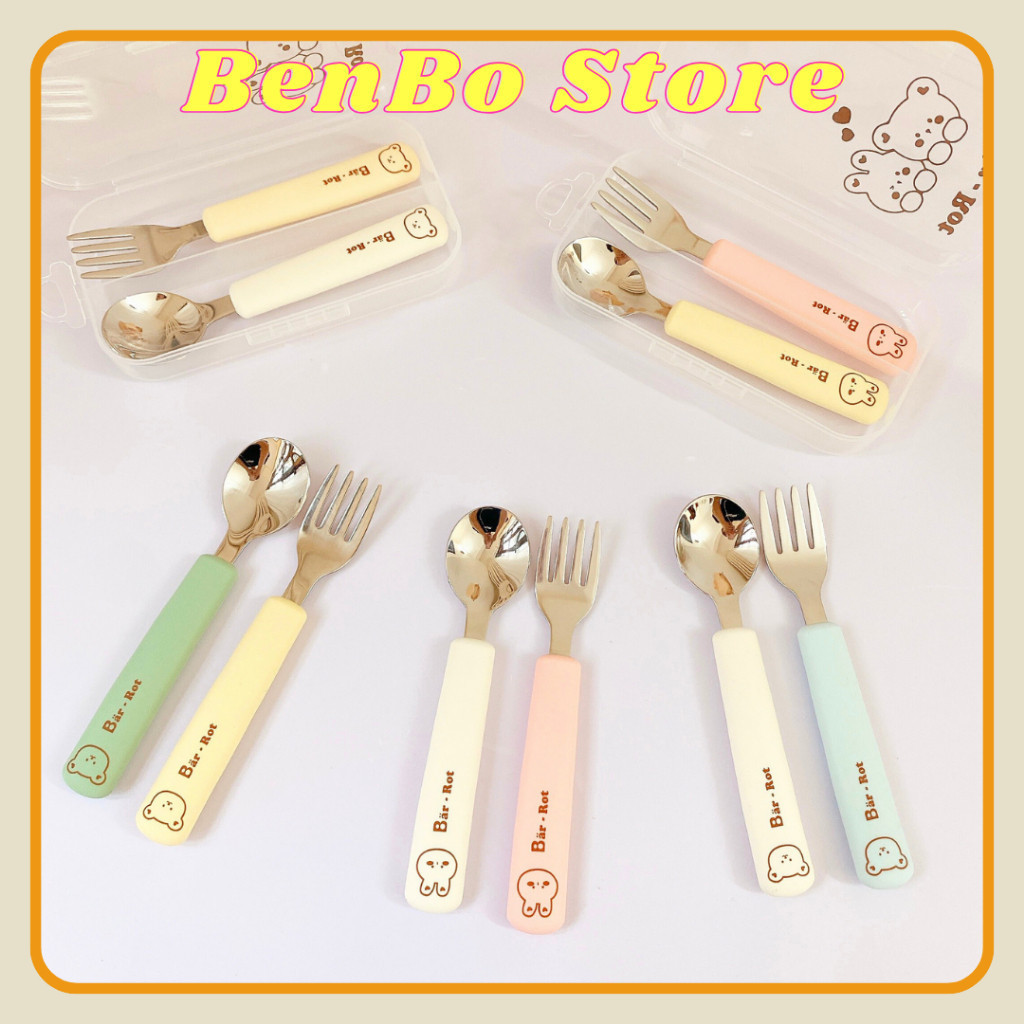 Set thìa nĩa Silicon hình gấu Bar rot cho bé tập ăn dặm -Barrot Spoon and fork set