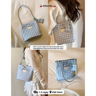  🍒Chio'2nd🍒Sẵn Túi Tote Nữ Cỡ Nhỏ Dễ Thương Họa Tiết Caro Đính Charm Gấu Phù Hợp Đi Dạo Phố 