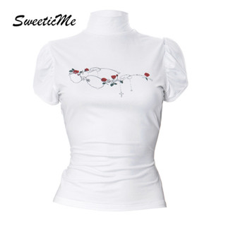SweeticMe Áo Nữ 2025 Thời Trang Mới Cổ Rùa phồng Tay Ngắn Slim Fit In Hình Áo Thun Thường Ngày