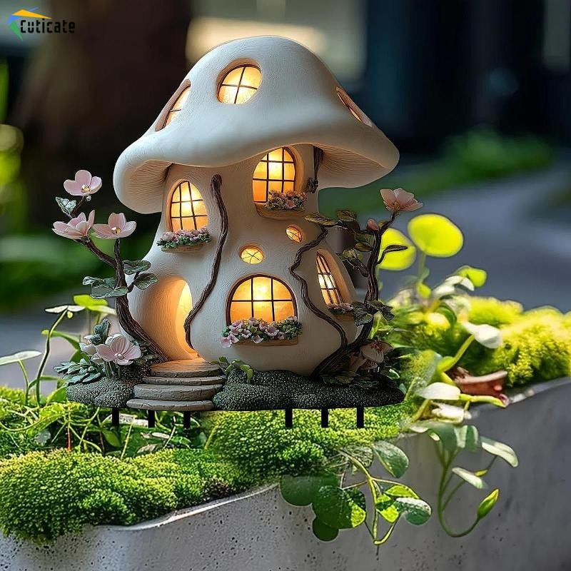 2D Flat Mushroom House Garden Cọc, Trang trí sân, 30 X 19,8 Cm, Cọc bãi cỏ trang trí