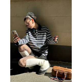 Áo Polo dày kẻ sọc màu tương phản mùa thu đông khâu Retro đường phố thời trang Áo Thun Dài Tay 24t395