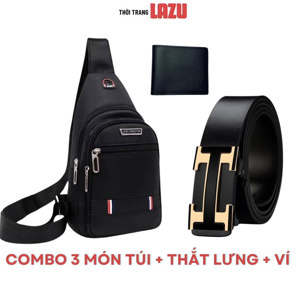 Combo 3 Món: Túi Đeo Chéo Nam Vải Canvas Nhiều Kiểu Đeo Kết Hợp Thắt Lưng Da, Ví Da Thời Trang Lazu 3H77 tuideo cheonam